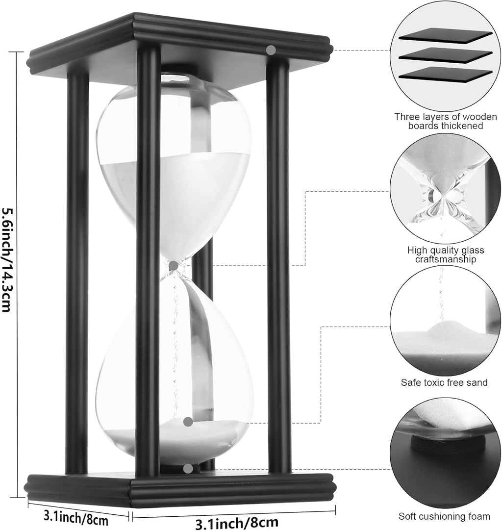 Hourglass Sand Timer,Black Wooden 30/45/60 Minute Sandglass Timer for Home,Desktop,Classroom Kitchen Restaurant Office Living Room Decor (30 Min, White Sand)
