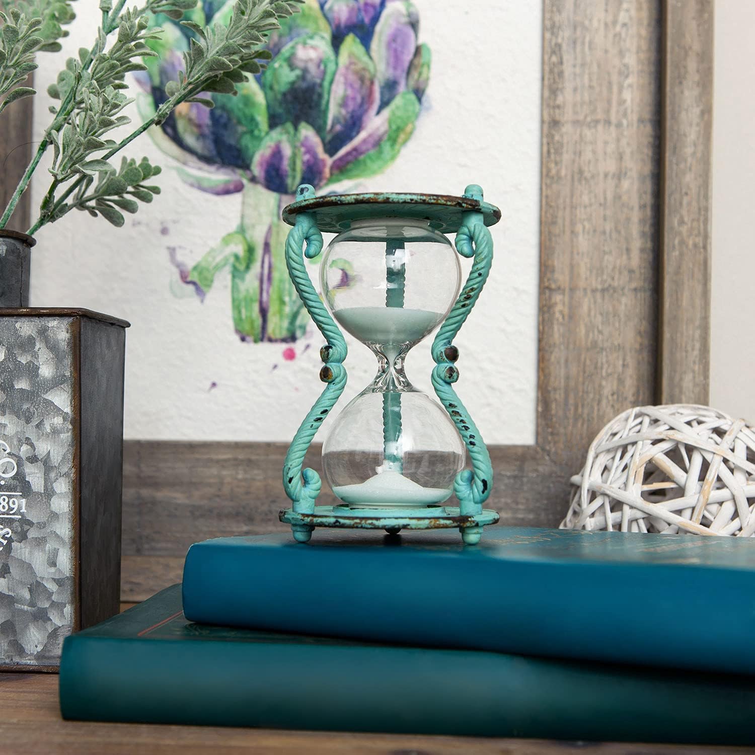 Rustic 6-Minute Hourglass Sand Timer, Vintage Distressed Sand Clock, Rustic Sand Watch with White Sand, Antique Sandglass for Home, Kitchen, Office Decor, Turquoise